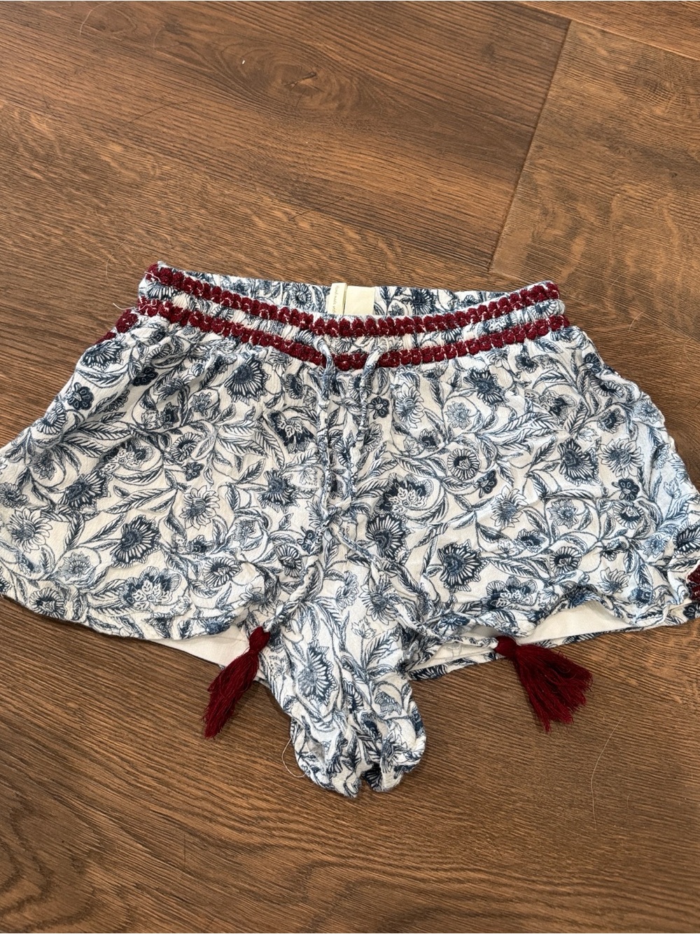 Japna White Floral Athletic Shorts with Navy Print and Maroon Trim